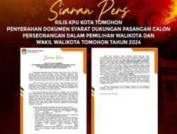 Dokumen Syarat Dukungan WL – MM, LENGKAP dan DITERIMA Oleh KPU Kota Tomohon