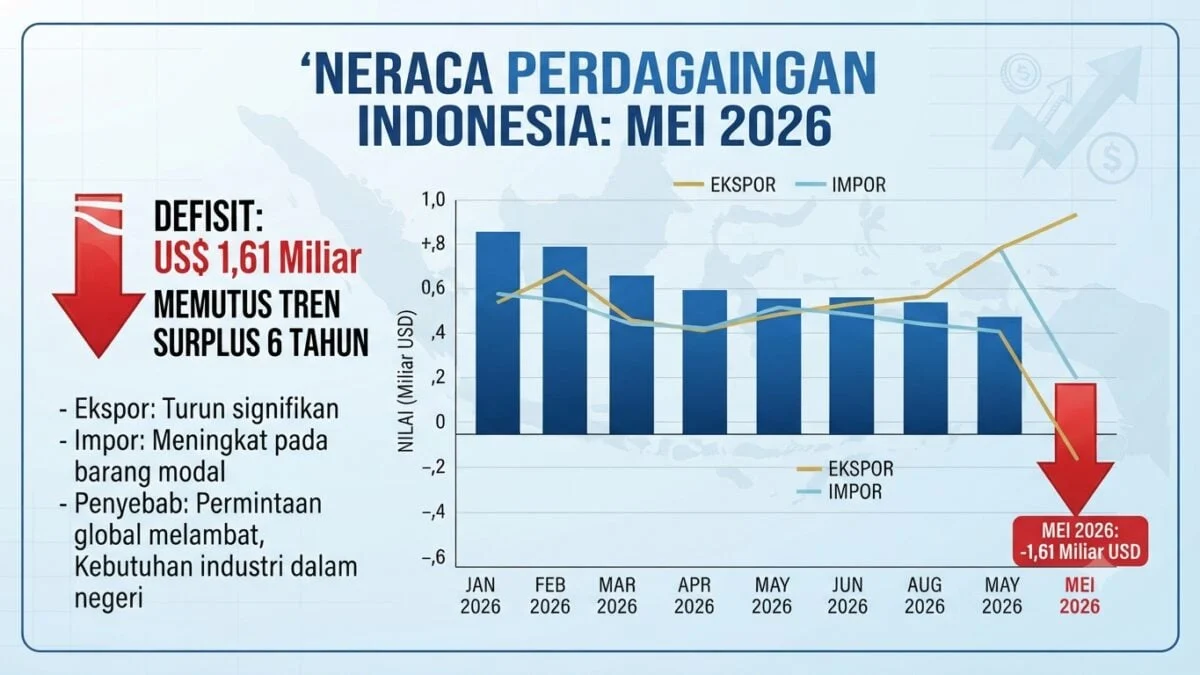 Tren Surplus Berakhir, Neraca Perdagangan RI Defisit US$1,61 Miliar pada Mei 2026